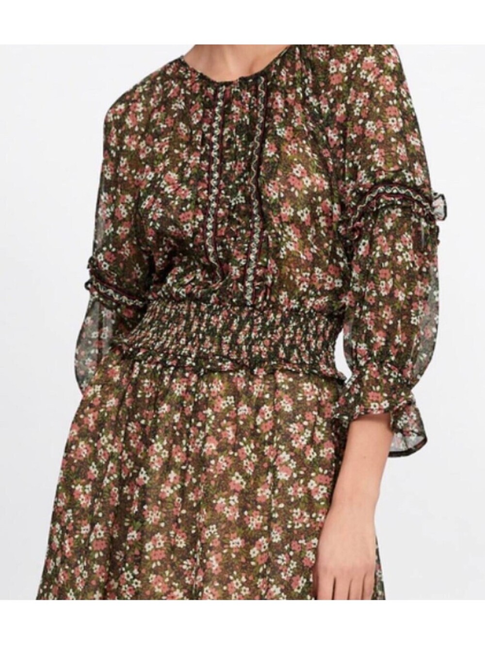 ZARA Floral Sheer Dress With Beaded Trim - Women's Large